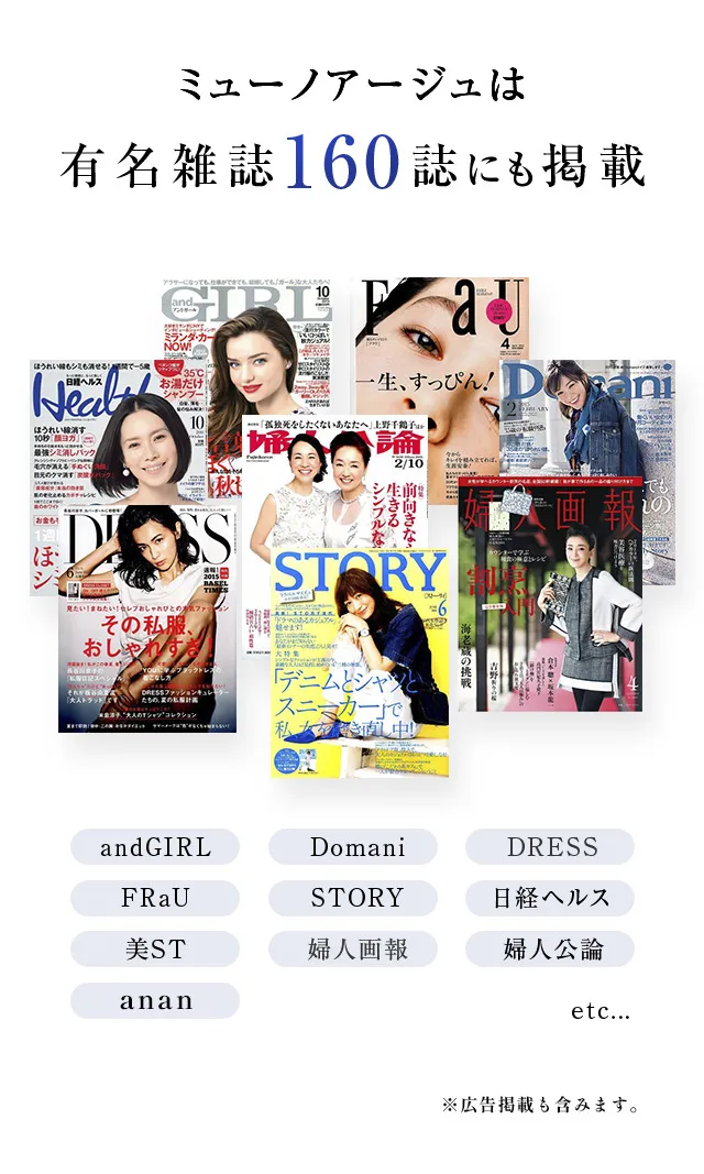 ミューノアージュは 有名雑誌160誌にも掲載
